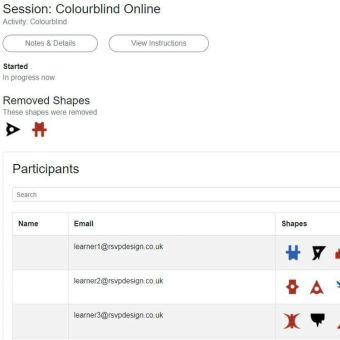 Colourblind Online experiential learning activity facilitator screen